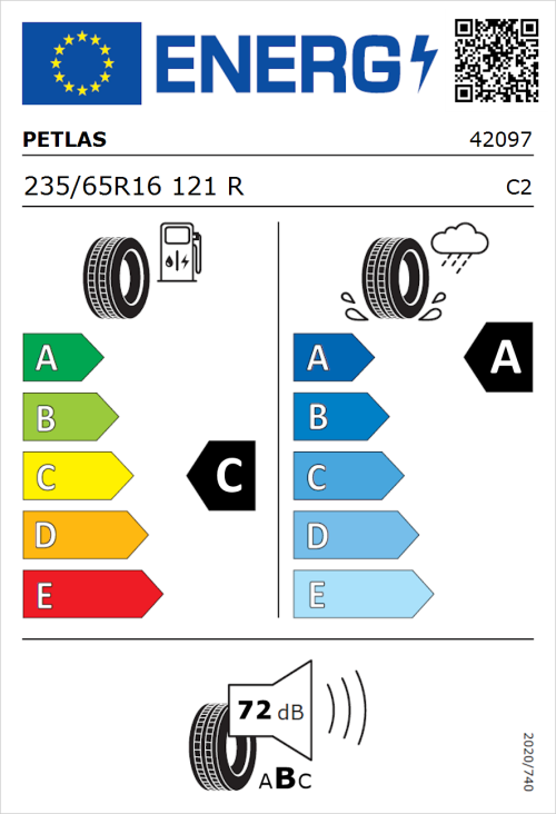 Tyre Label for Petlas Full Power PT835 235/65R16 121R