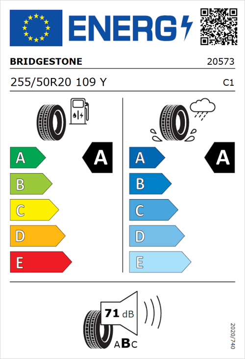 Tyre Label for Bridgestone Turanza 6 255/50R20 109Y