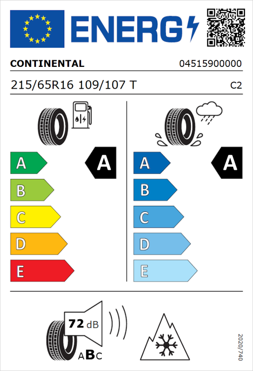 Tyre Label for Continental VanContact Eco 215/65R16 109/107T