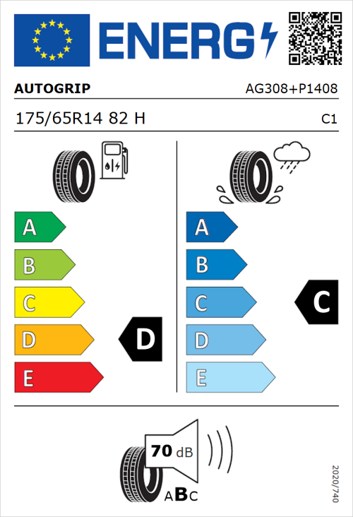Tyre Label for Autogrip P308 175/65R14 82H