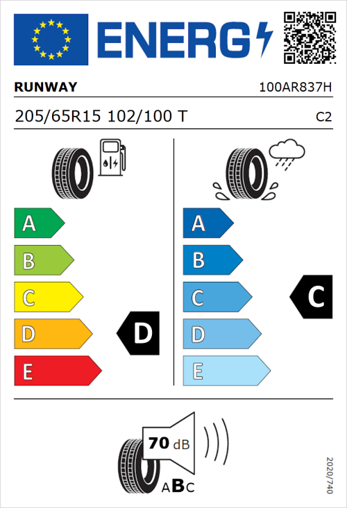 Tyre Label for Runway Enduro 616 205/65R15 102/100T